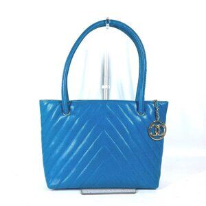 CHANEL vintage V-Stitch Tote Bag Shoulder Bag Hand Bag Caviar Leather blue/Gold